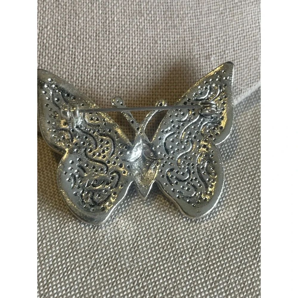 Vintage Butterfly Brooch Purple Rhinestone Maroon Glass Silver Tone Pin